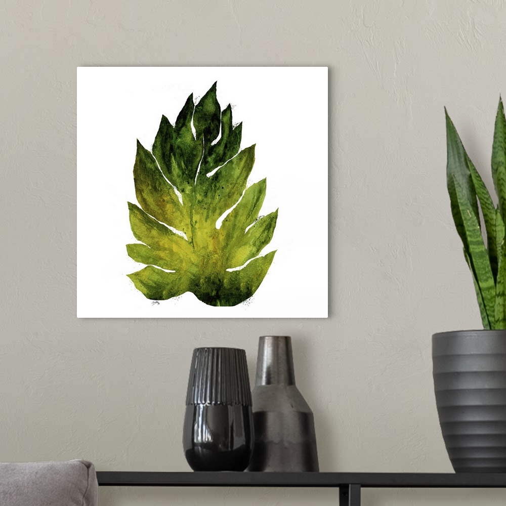 A modern room featuring Square watercolor painting of a big leaf in shades of green on a solid white background.