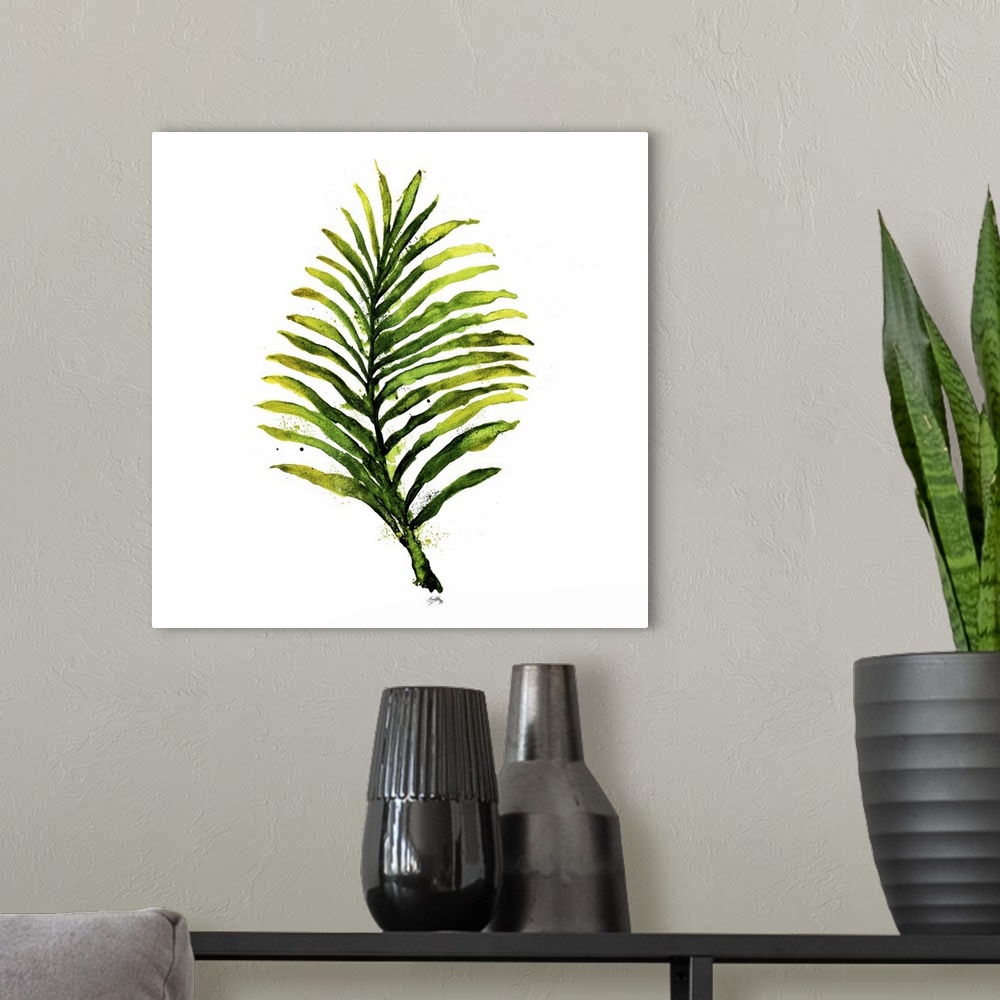 A modern room featuring Contemporary painting of a palm leaf in shades of green on a solid white background.