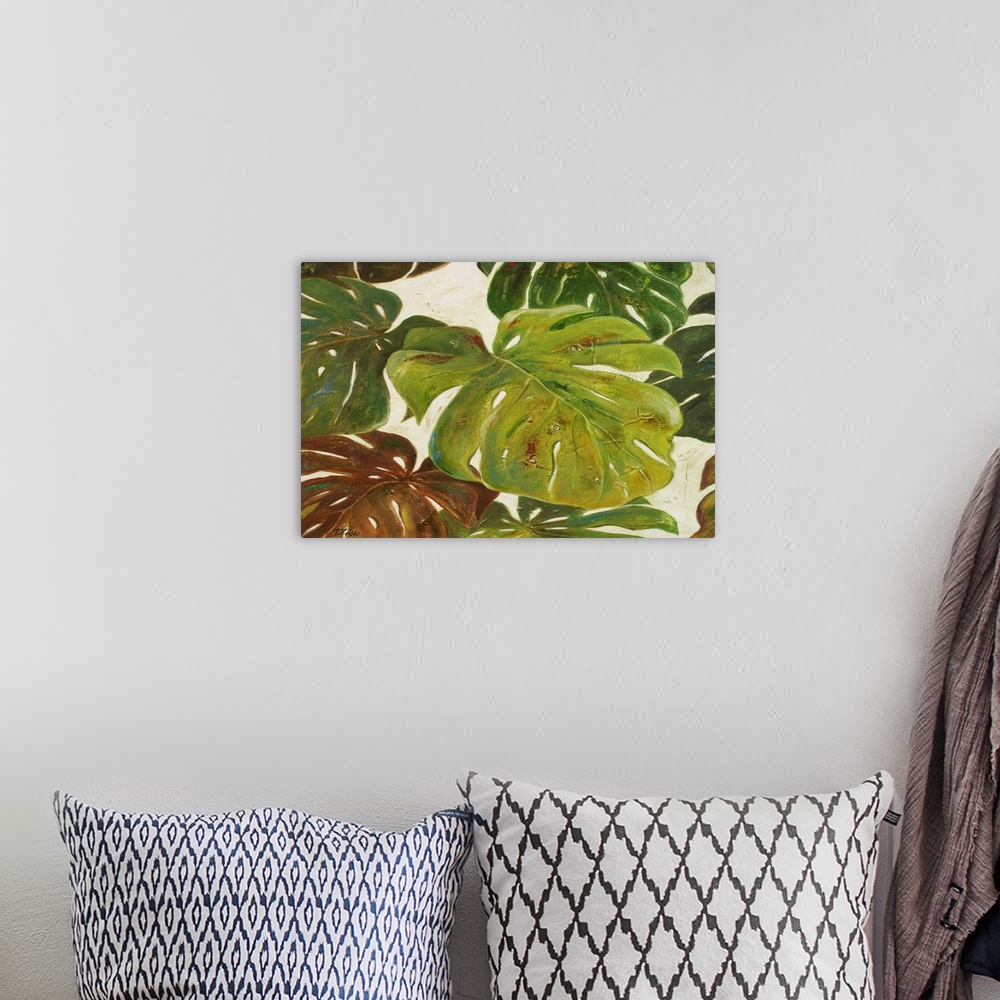 A bohemian room featuring Contemporary painting of big lush tropical green leaves.