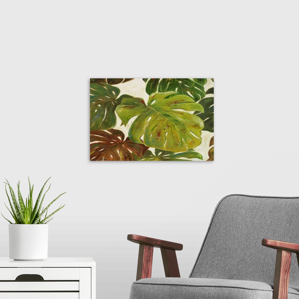 A modern room featuring Contemporary painting of big lush tropical green leaves.