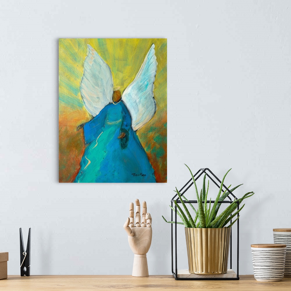 A bohemian room featuring A contemporary painting of a Guardian Angel in blue.
