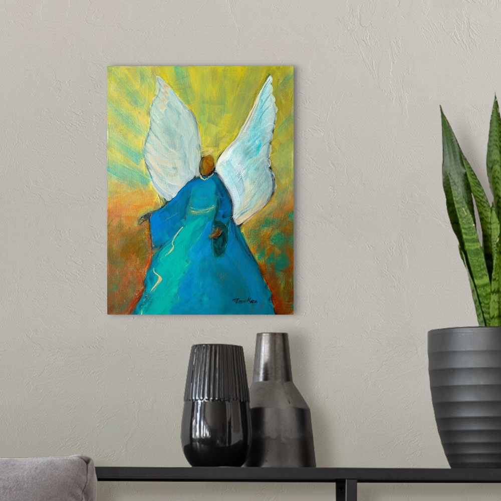 A modern room featuring A contemporary painting of a Guardian Angel in blue.