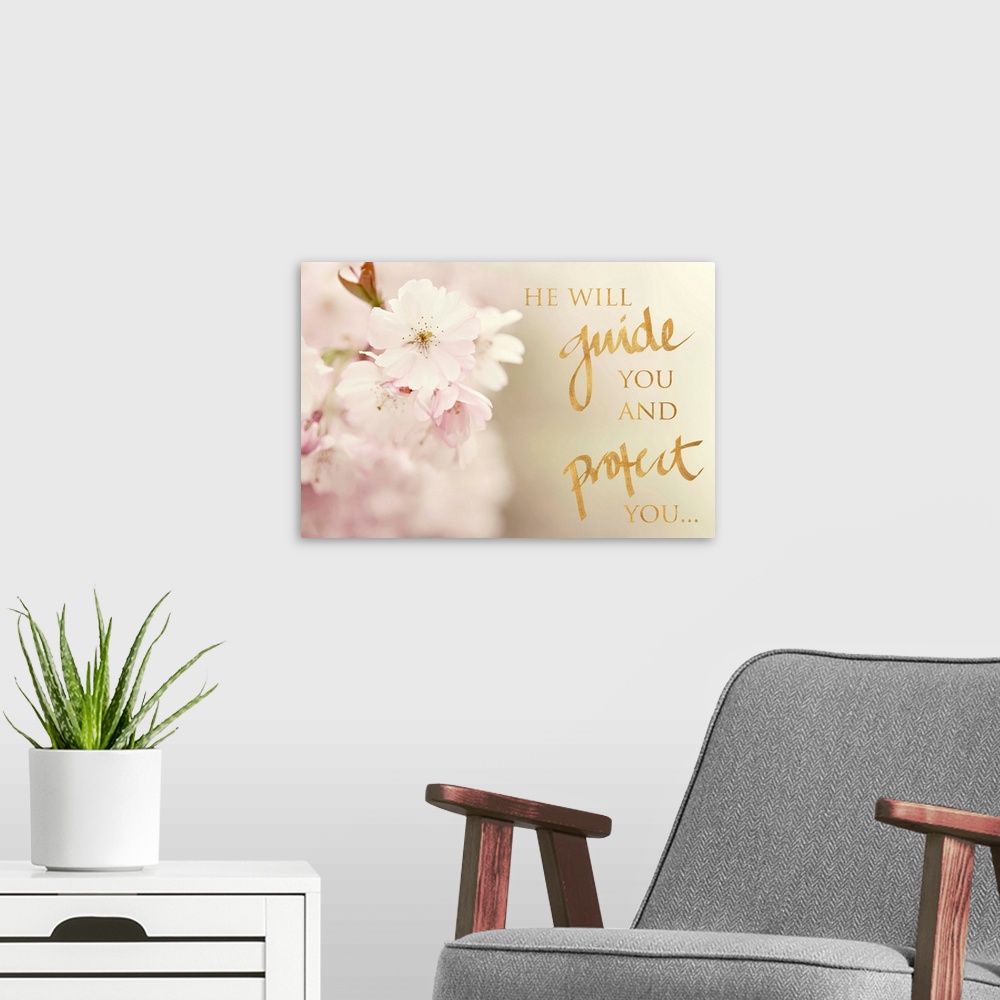 A modern room featuring Shallow depth of field photograph of white flowers with hints of pink and the phrase "He will gui...