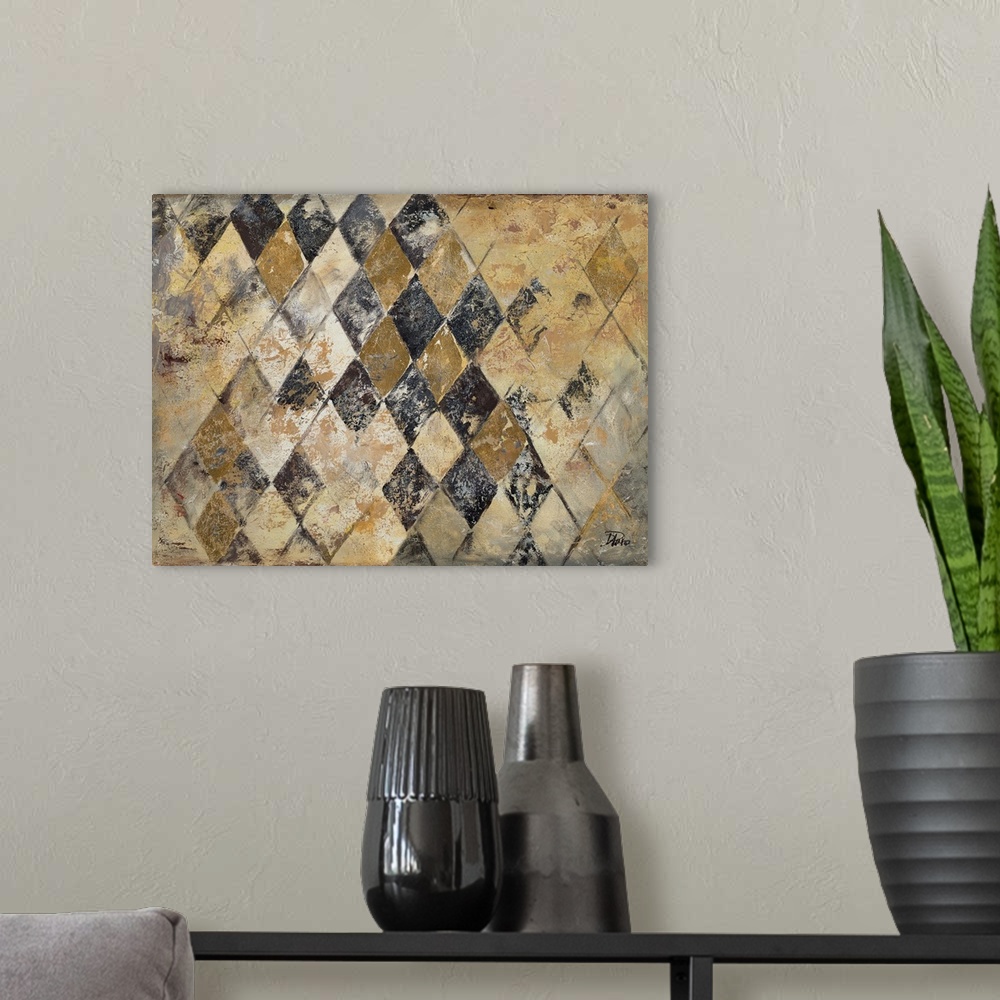 A modern room featuring A contemporary abstract painting of a gold, black, and gray rustic diamond shaped pattern.