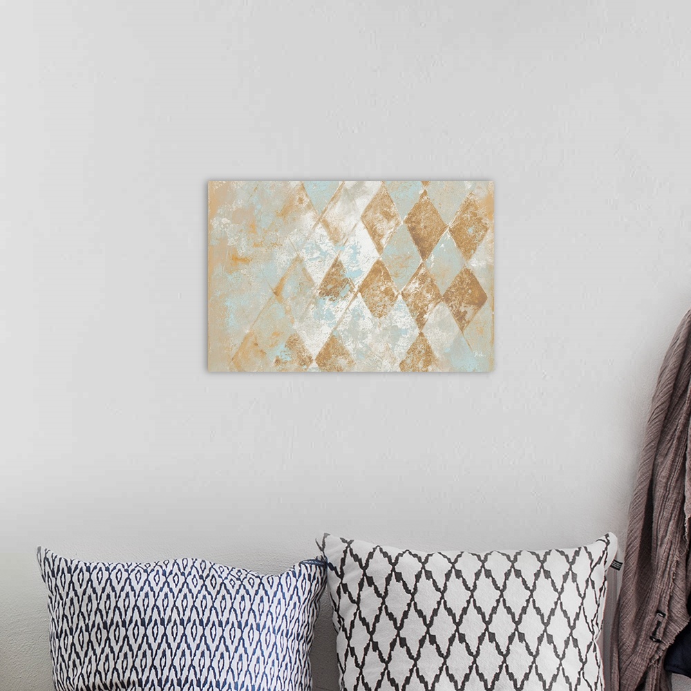 A bohemian room featuring A contemporary abstract painting of a gold and white diamond pattern with teal.