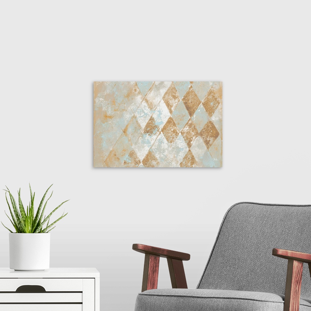 A modern room featuring A contemporary abstract painting of a gold and white diamond pattern with teal.