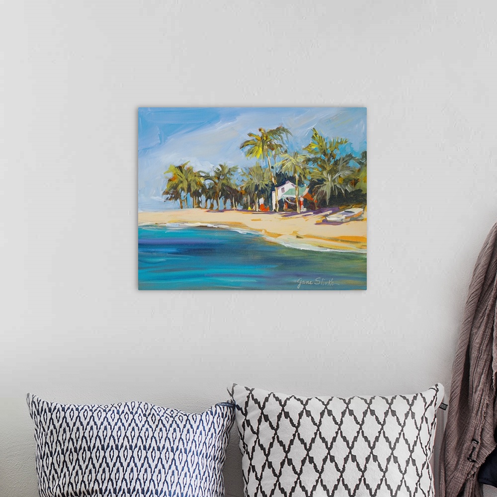 A bohemian room featuring Contemporary painting of a sandy Cuban coastline with several palm trees, a beach house, and a boat.