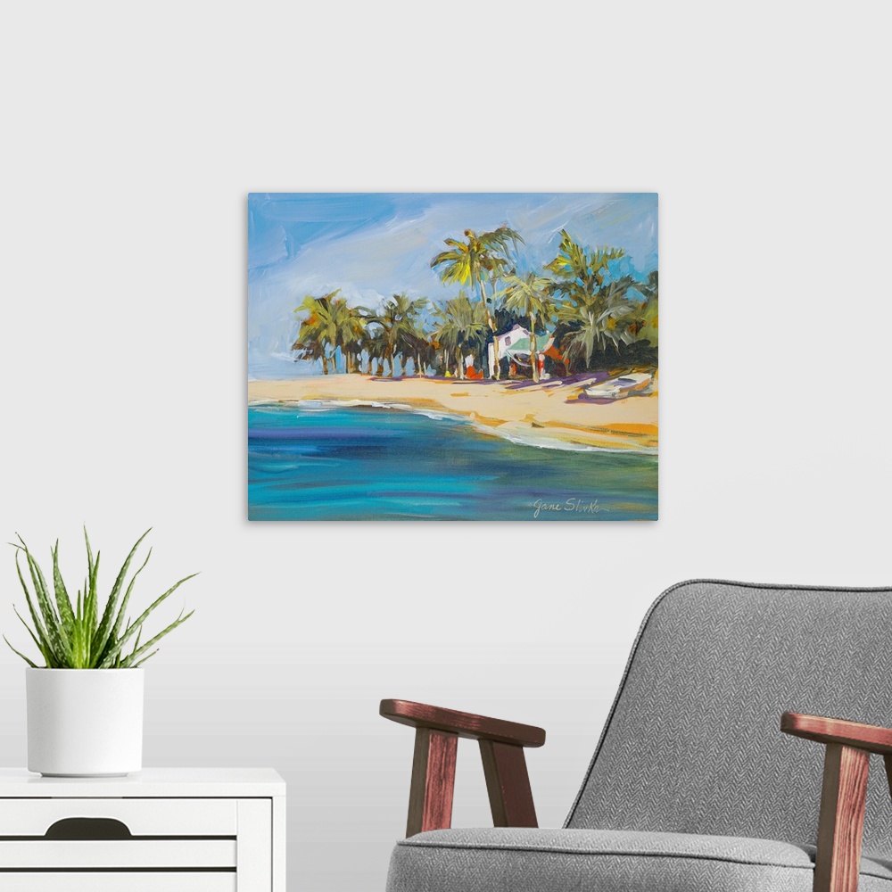A modern room featuring Contemporary painting of a sandy Cuban coastline with several palm trees, a beach house, and a boat.