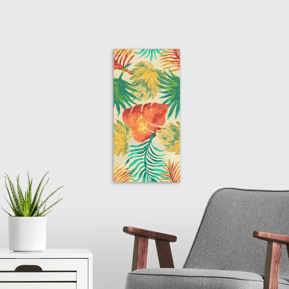 A modern room featuring Contemporary painting of a pattern of palm and other tropical leaves in festive teals, greens, or...