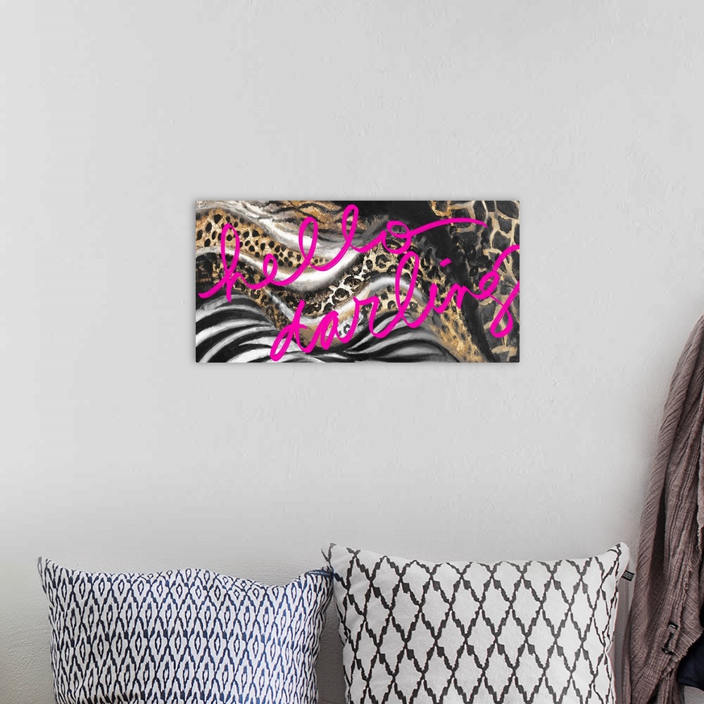 A bohemian room featuring Bright pink text over animal print patterns.
