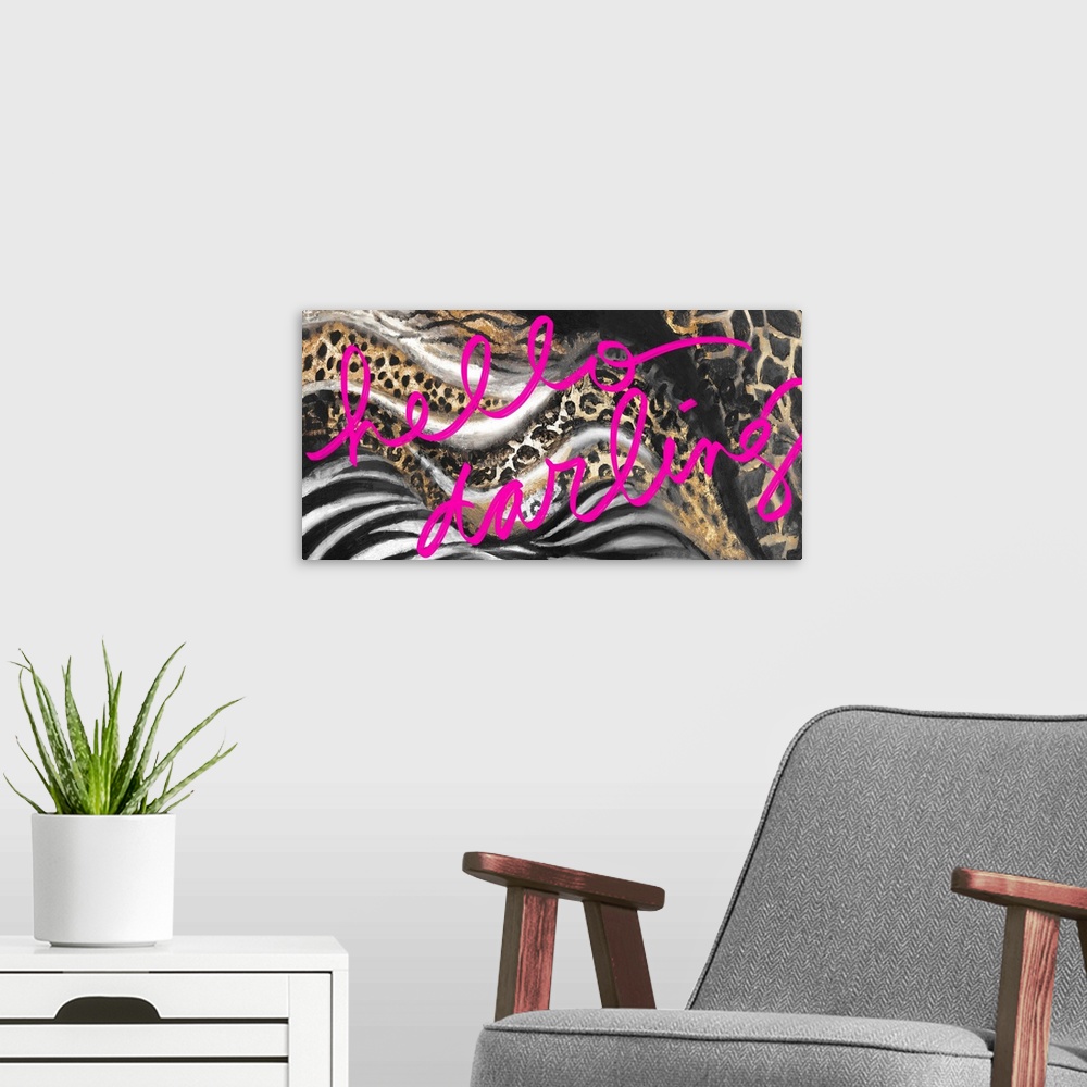 A modern room featuring Bright pink text over animal print patterns.