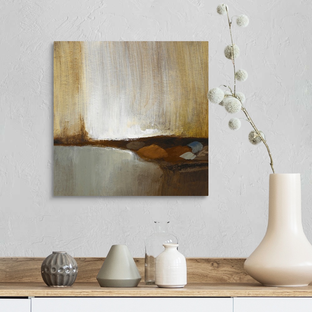 A farmhouse room featuring Abstract artwork that has streaks of neutral colored paint on the top half of the print and grey ...