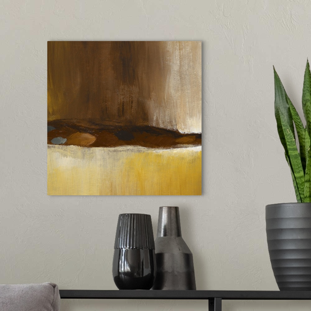 A modern room featuring Giant, square, abstract painting of a mountain landscape on the horizon, beneath a dark, stormy s...