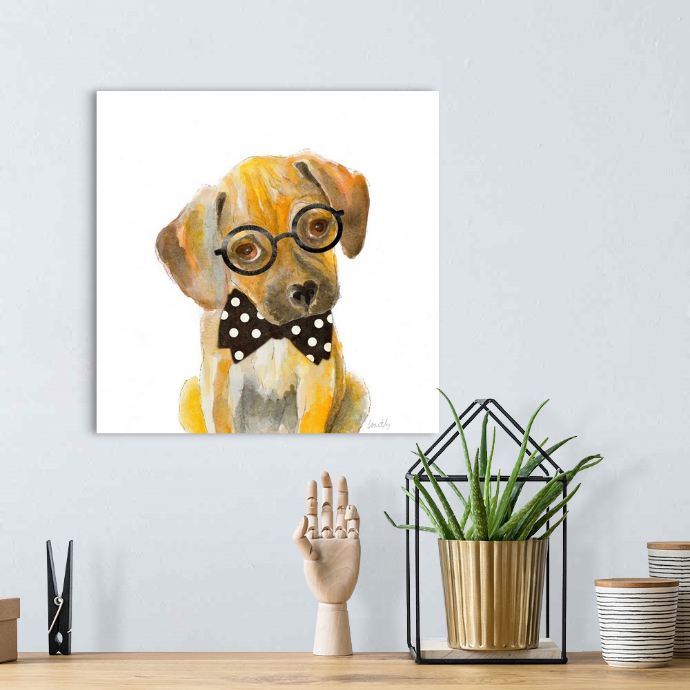 A bohemian room featuring Square watercolor painting of a puppy wearing circular framed glasses and a black bow tie with wh...