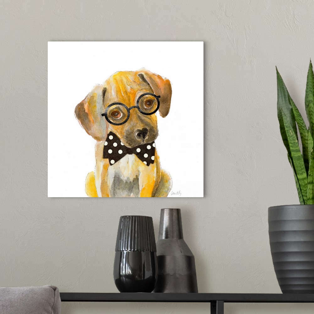A modern room featuring Square watercolor painting of a puppy wearing circular framed glasses and a black bow tie with wh...