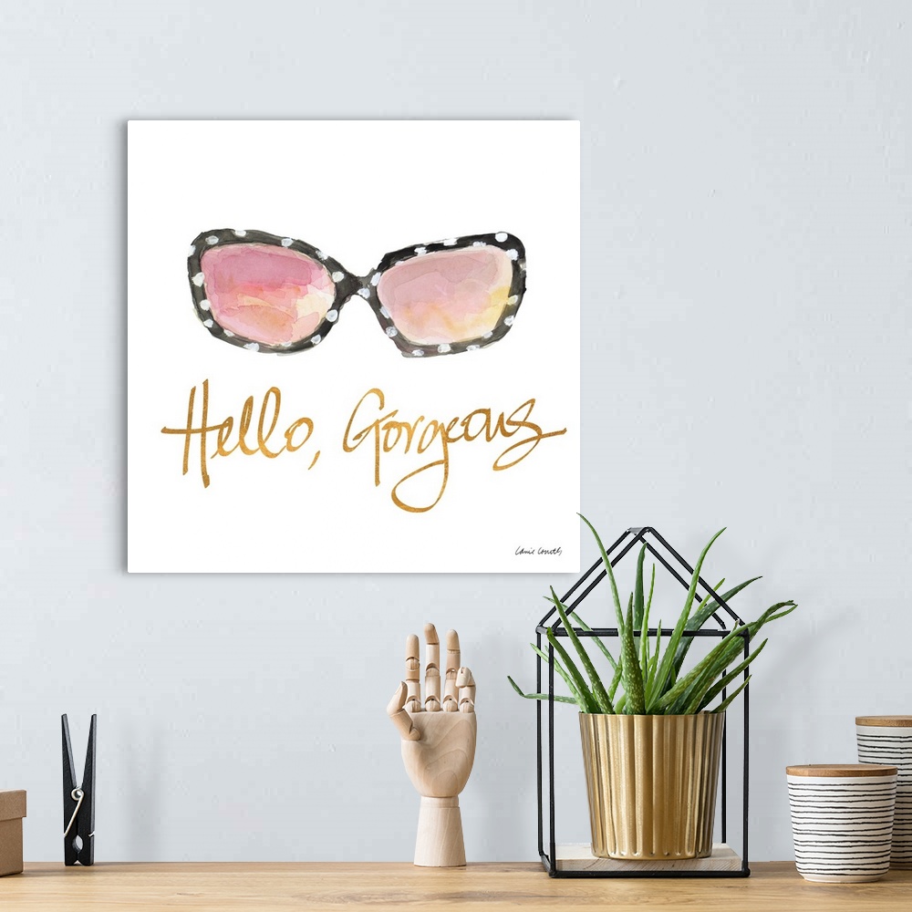 A bohemian room featuring Square watercolor painting of black and white polka dotted sunglasses with a pink and yellow refl...