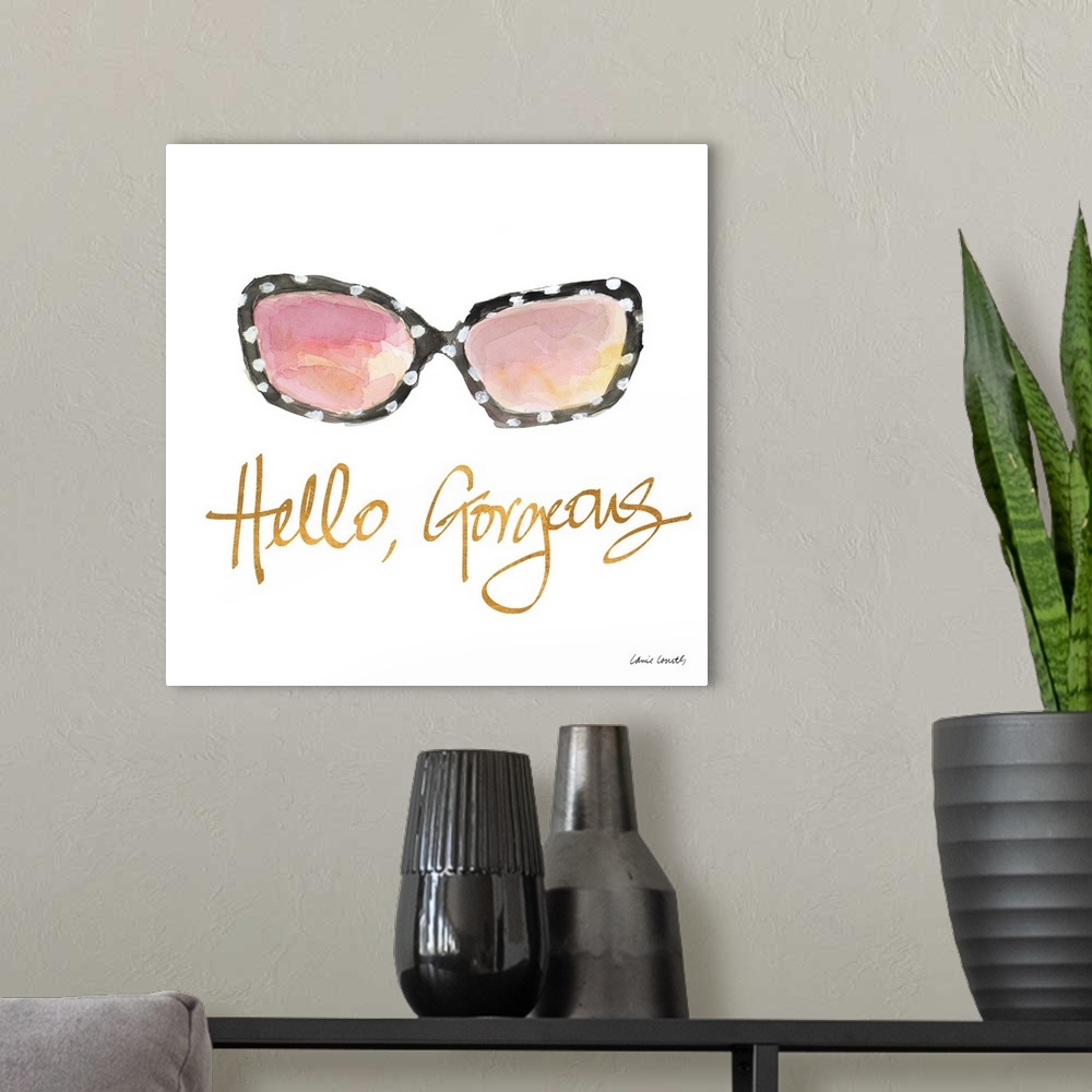 A modern room featuring Square watercolor painting of black and white polka dotted sunglasses with a pink and yellow refl...