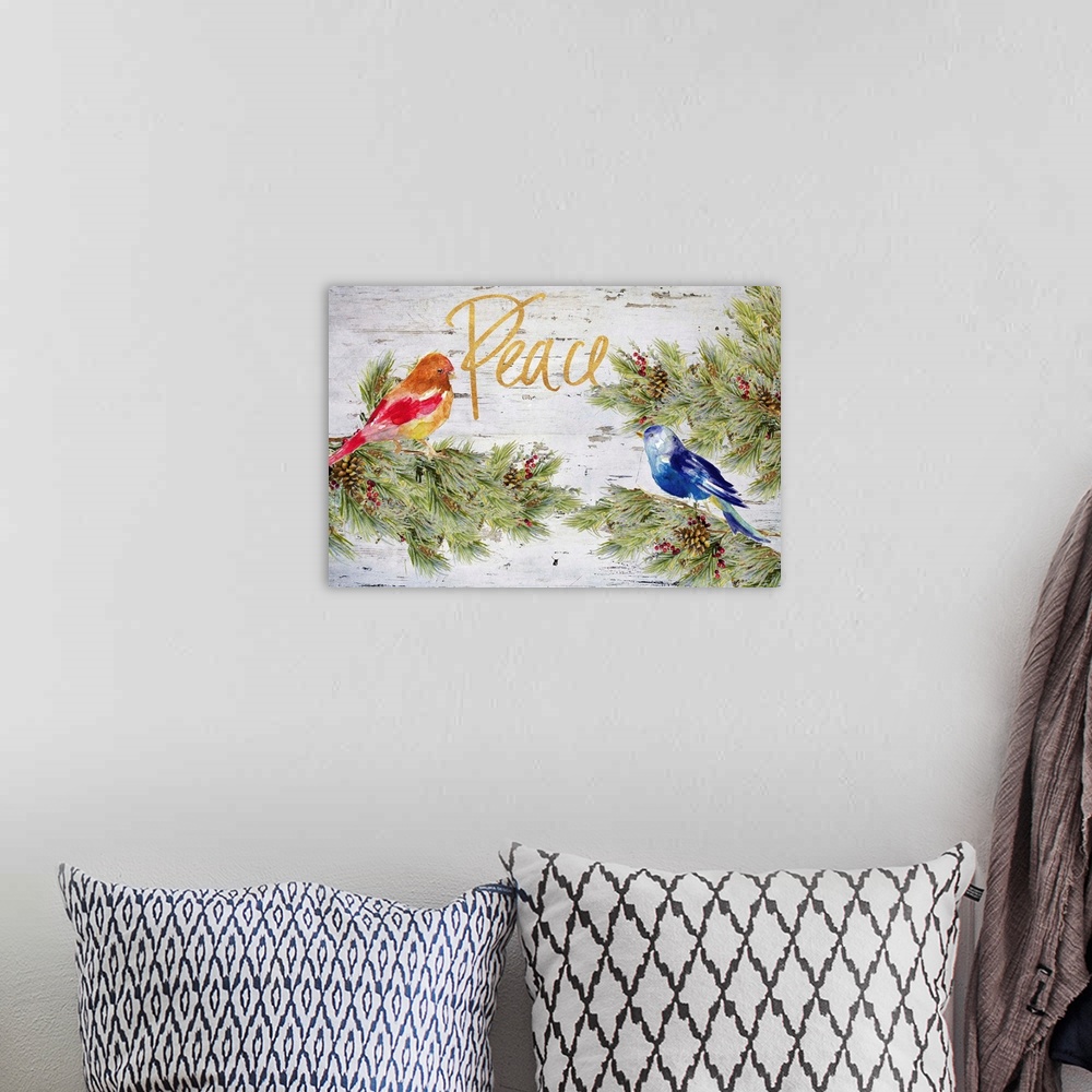 A bohemian room featuring Holiday watercolor painting of two birds perched on pine tree branches with pine cones and red be...