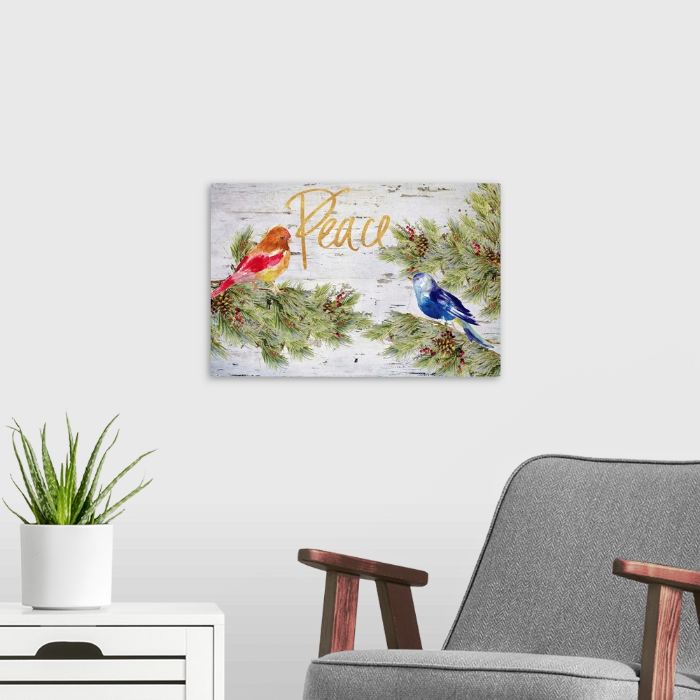 A modern room featuring Holiday watercolor painting of two birds perched on pine tree branches with pine cones and red be...