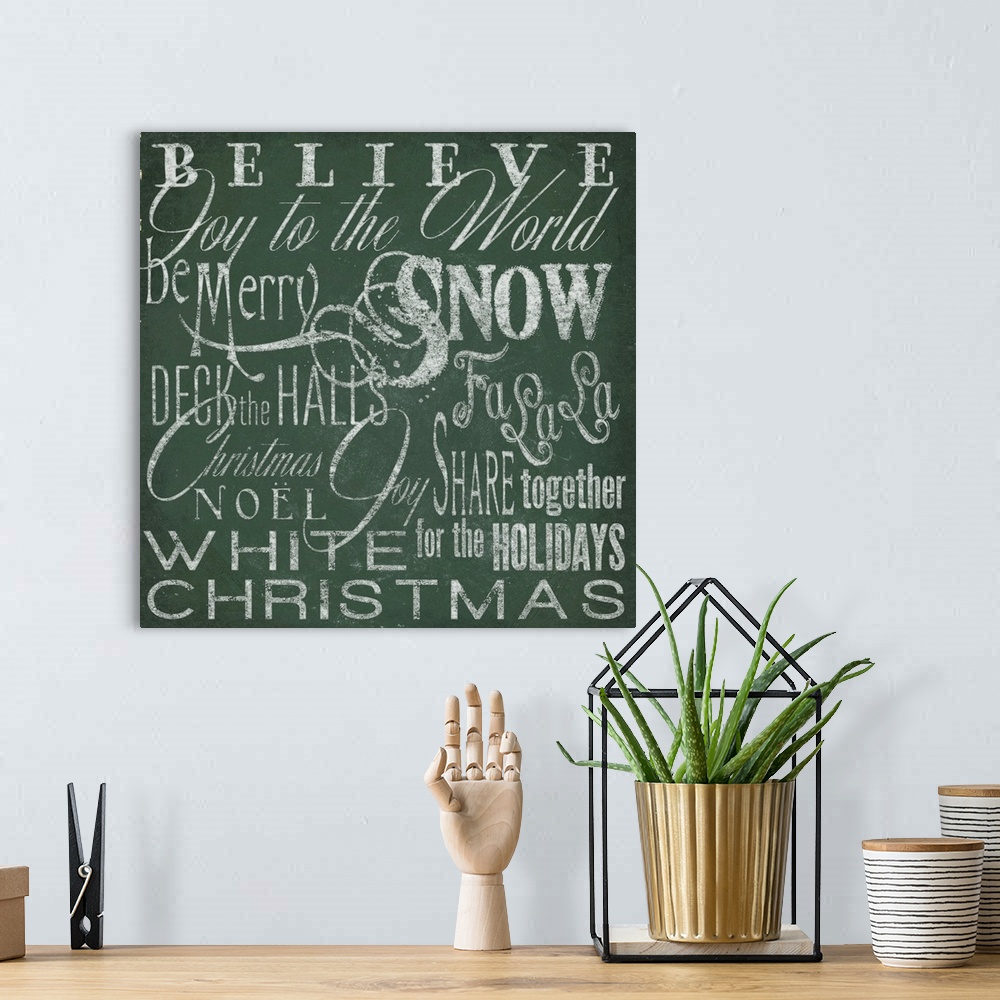 A bohemian room featuring Typography panel of Christmas-themed text, including carol lyrics and festive themes such as "Joy...