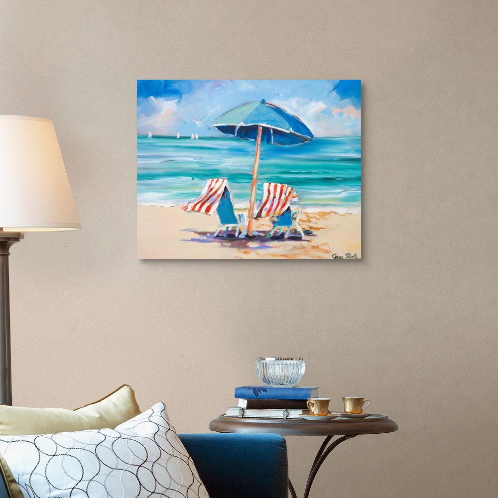 A traditional room featuring Painting of two beach chairs and umbrella at the water's edge.  There are sail boats in the dista...