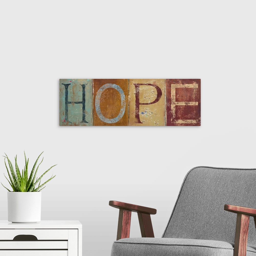 A modern room featuring This is a horizontal decorative accent created with panels of painted letters attached to each ot...