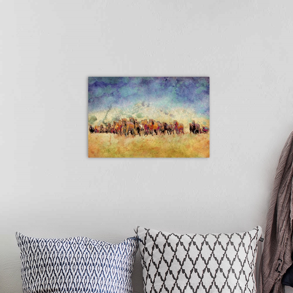 A bohemian room featuring Abstract painting of a herd of colorful horses on a watercolor yellow-orange and blue-purple back...