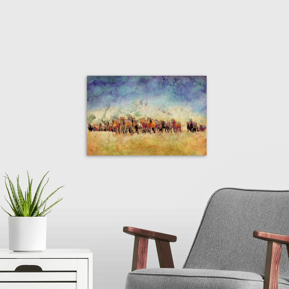 A modern room featuring Abstract painting of a herd of colorful horses on a watercolor yellow-orange and blue-purple back...