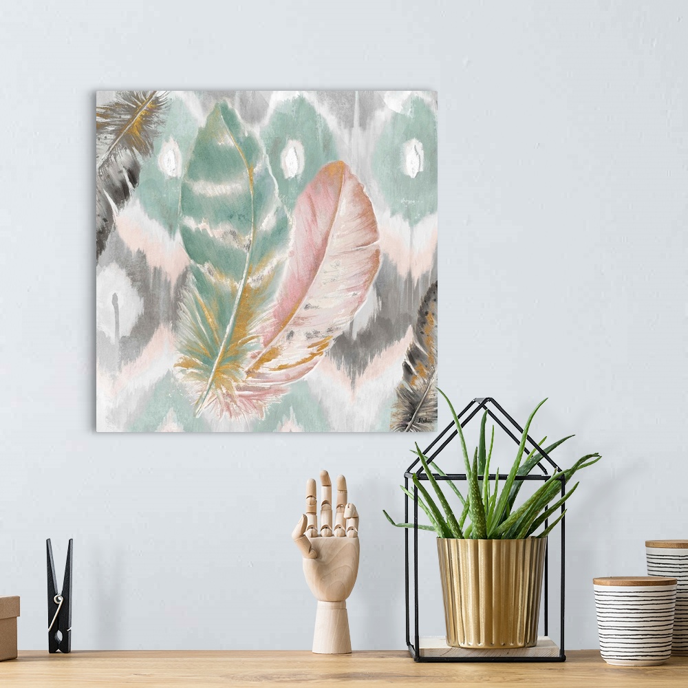 A bohemian room featuring A watercolor painting of four feathers with a teal, pink, gold, black, and white ikat design.