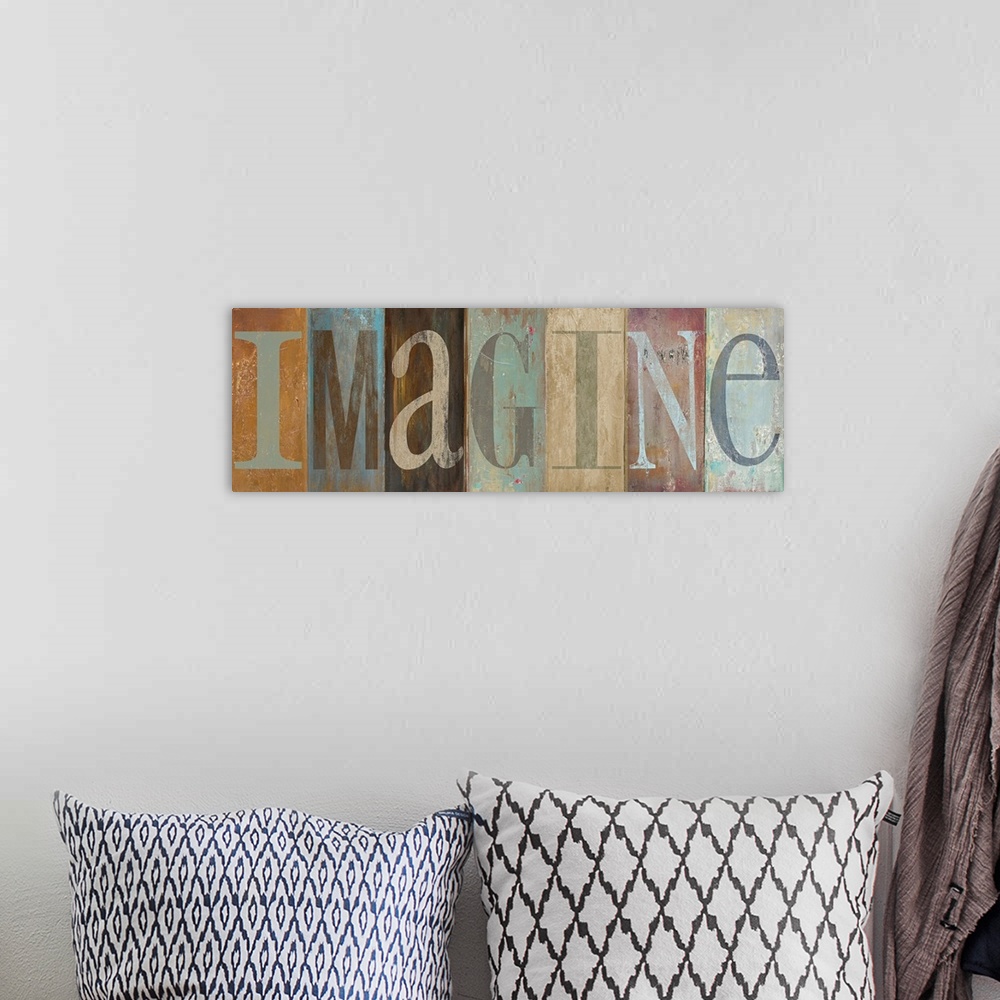 A bohemian room featuring Panoramic painting of the word "IMAGINE."  Each letter is within a vertically oriented rectangle ...