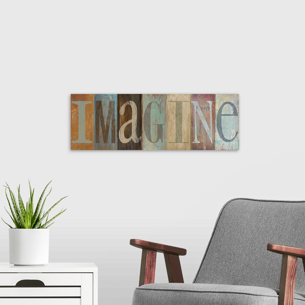 A modern room featuring Panoramic painting of the word "IMAGINE."  Each letter is within a vertically oriented rectangle ...