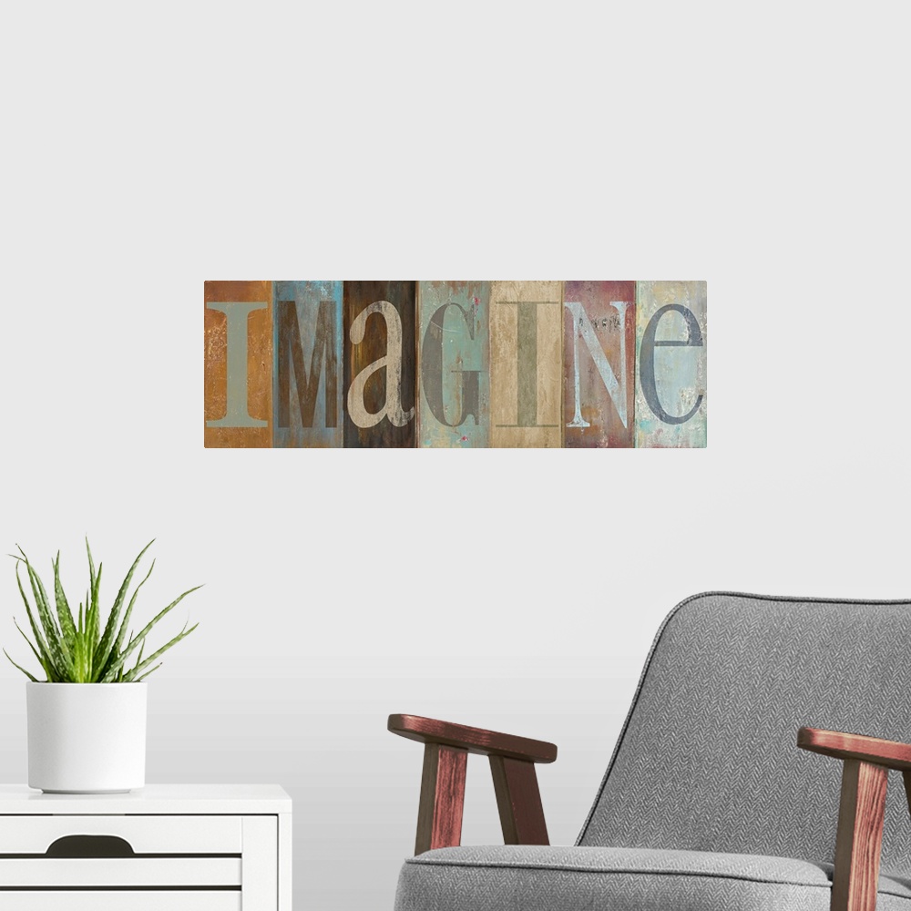 A modern room featuring Panoramic painting of the word "IMAGINE."  Each letter is within a vertically oriented rectangle ...