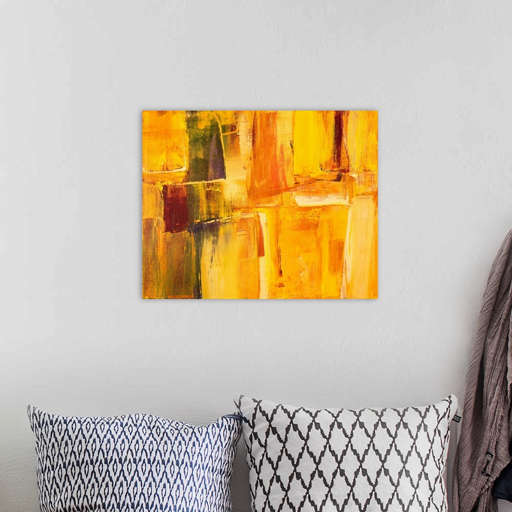 A bohemian room featuring Fiery oranges and fierce reds decorate this contemporary artwork in blocks of color.