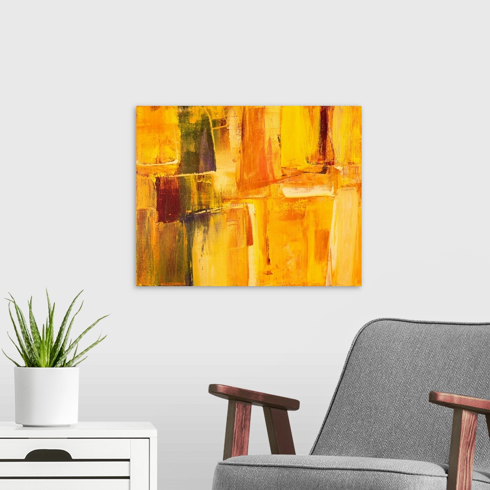 A modern room featuring Fiery oranges and fierce reds decorate this contemporary artwork in blocks of color.