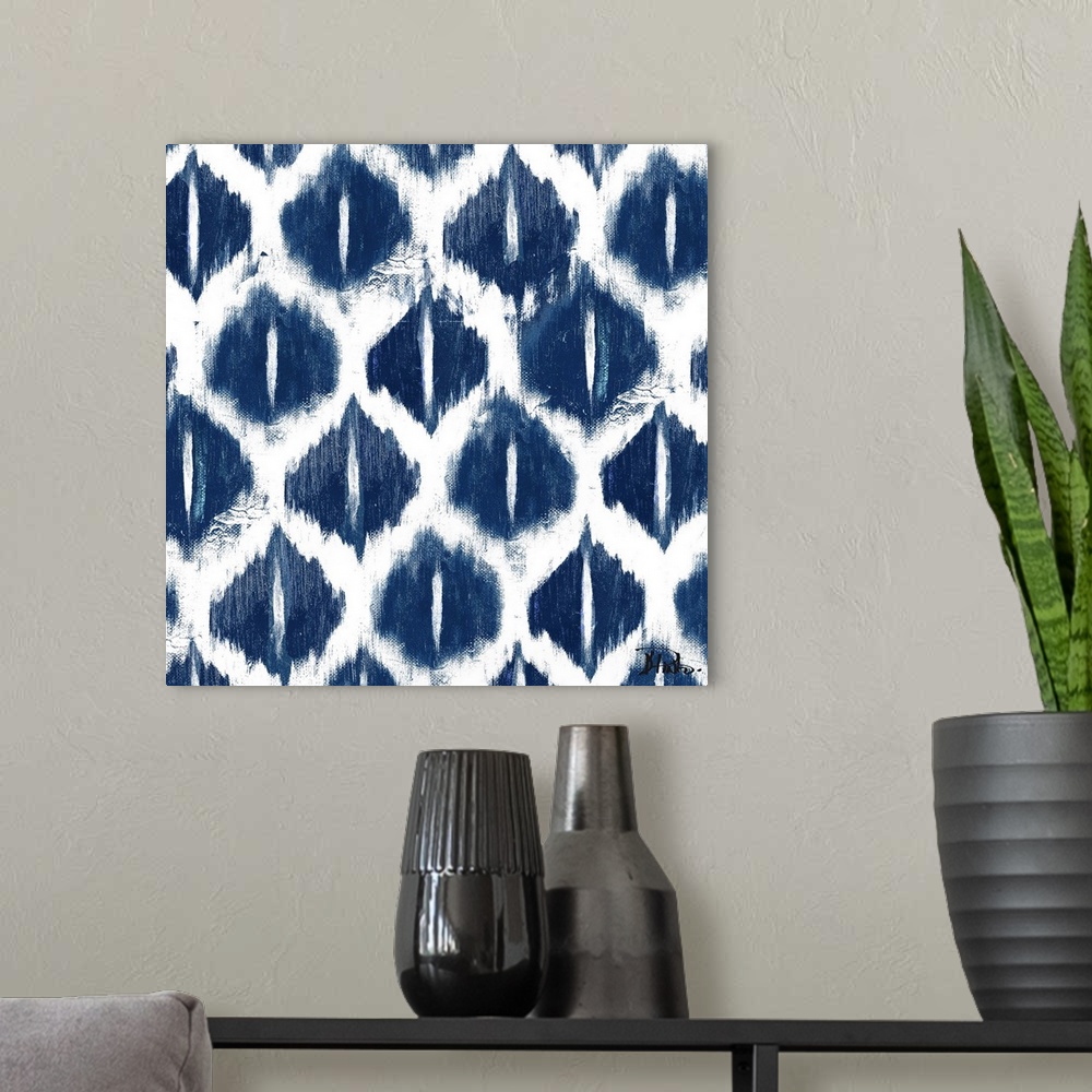 A modern room featuring Contemporary blue Ikat pattern with a weathered and rustic look to it.