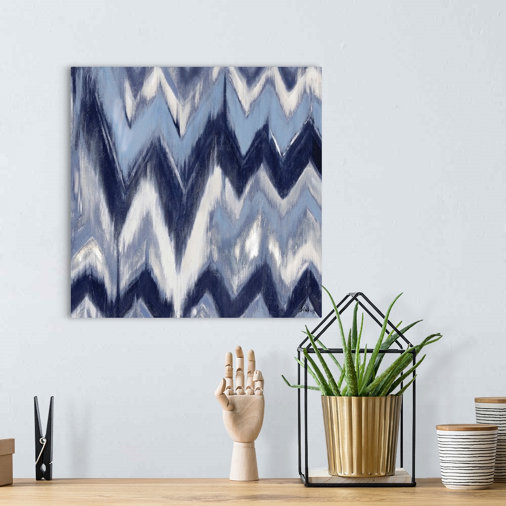 A bohemian room featuring Contemporary blue chevron pattern with a weathered and rustic look to it.