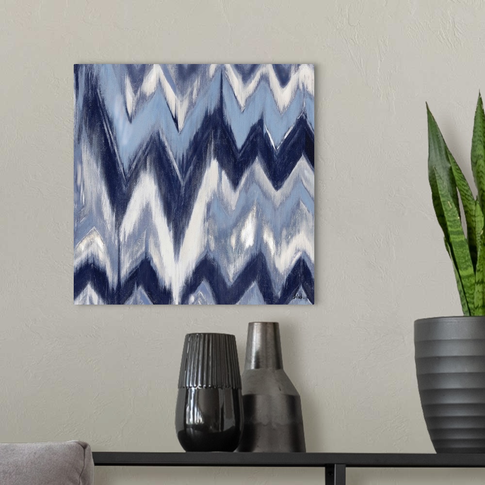 A modern room featuring Contemporary blue chevron pattern with a weathered and rustic look to it.
