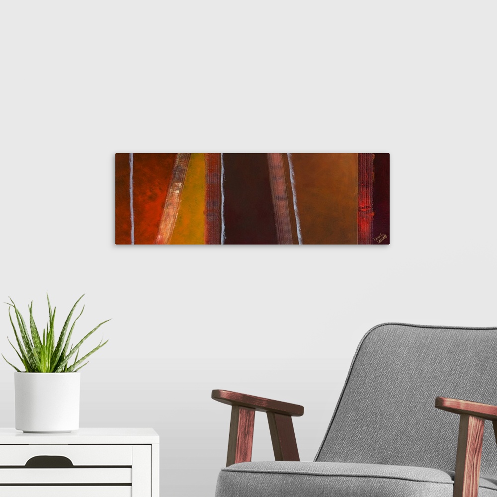 A modern room featuring Giant, horizontal artwork for a living room or office.  Earth and warm tones in separate sections...