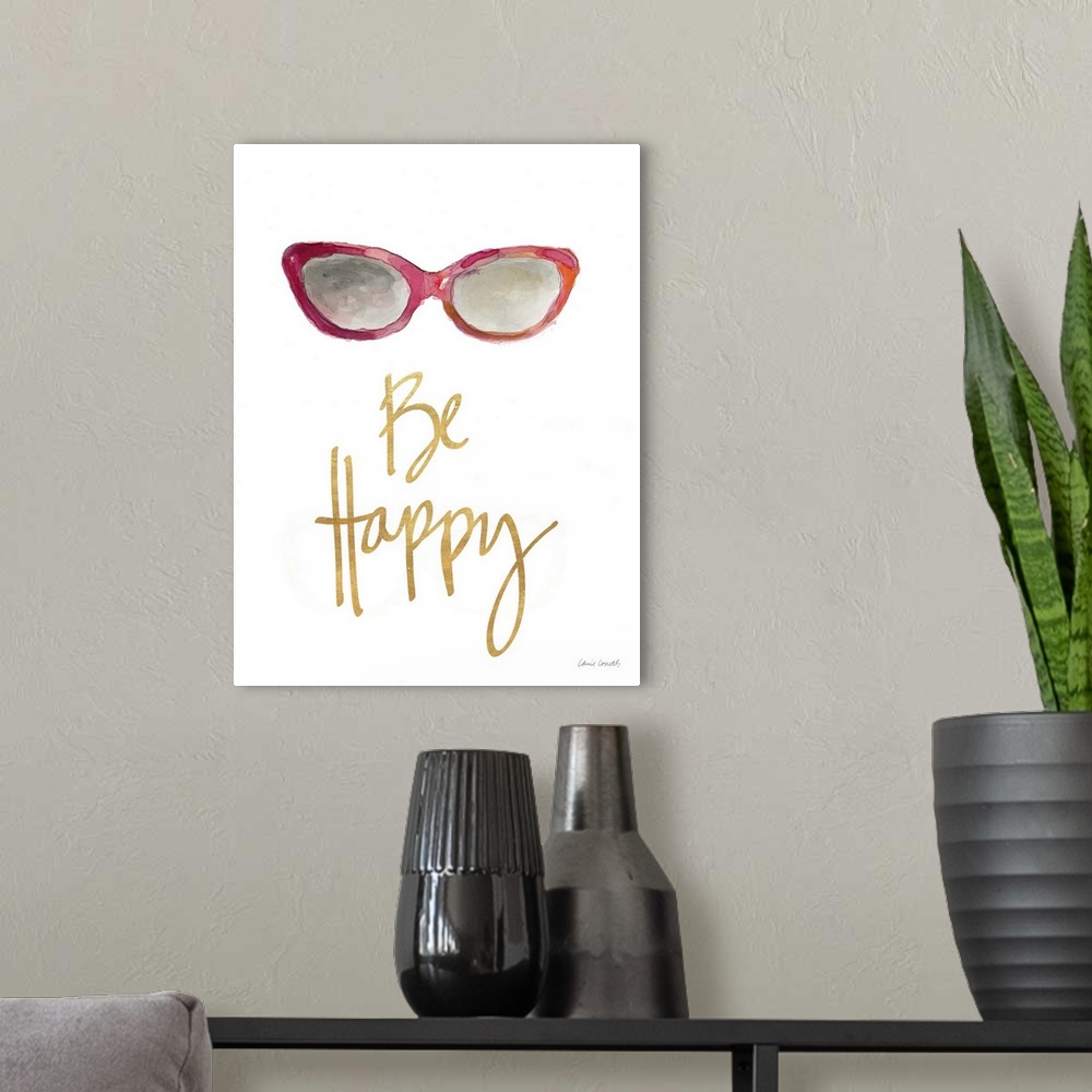 A modern room featuring Watercolor painting of a pair of red and orange sunglasses with "Be Happy" written at the bottom ...
