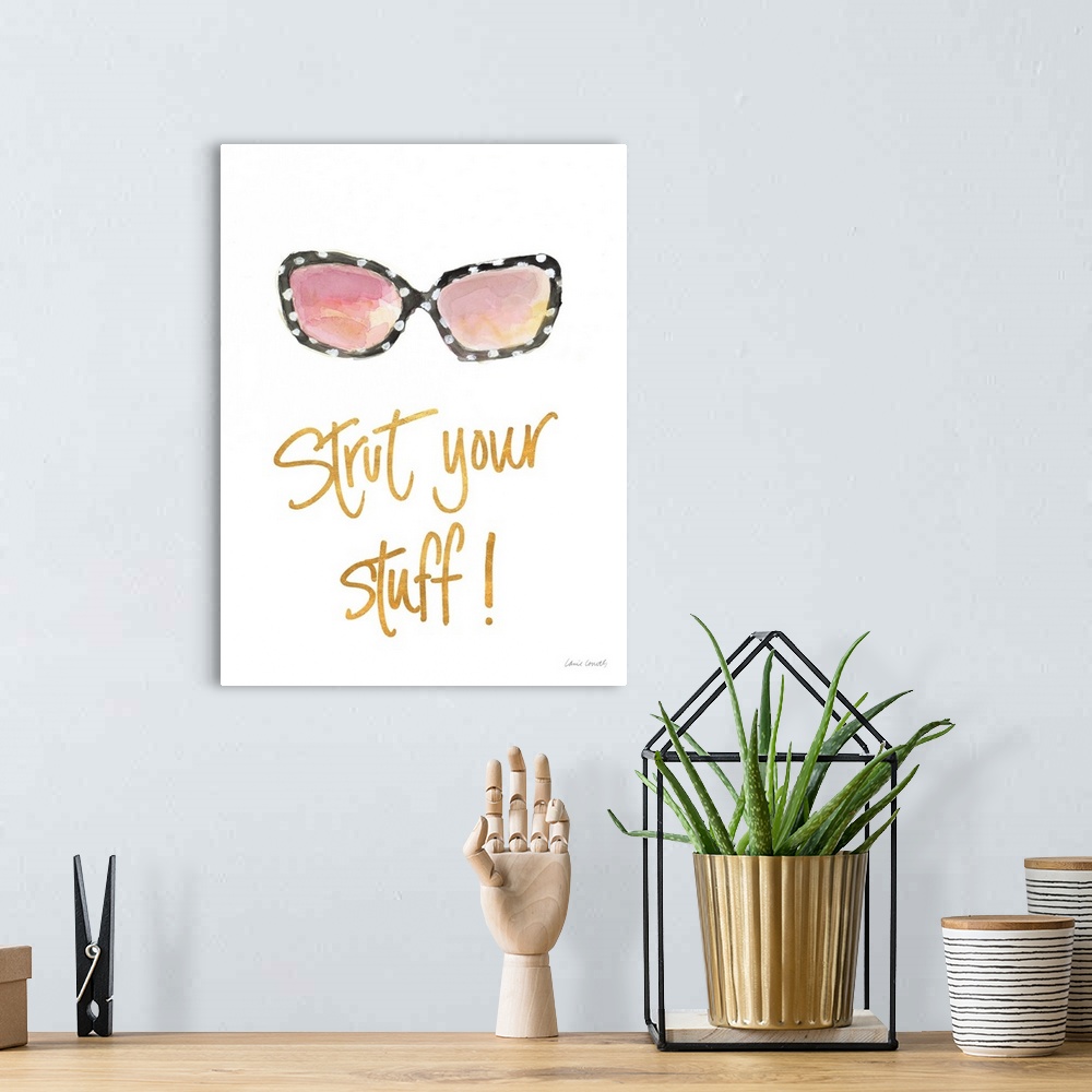 A bohemian room featuring Watercolor painting of a pair of black sunglasses with white polka dots and "Strut Your Stuff" wr...