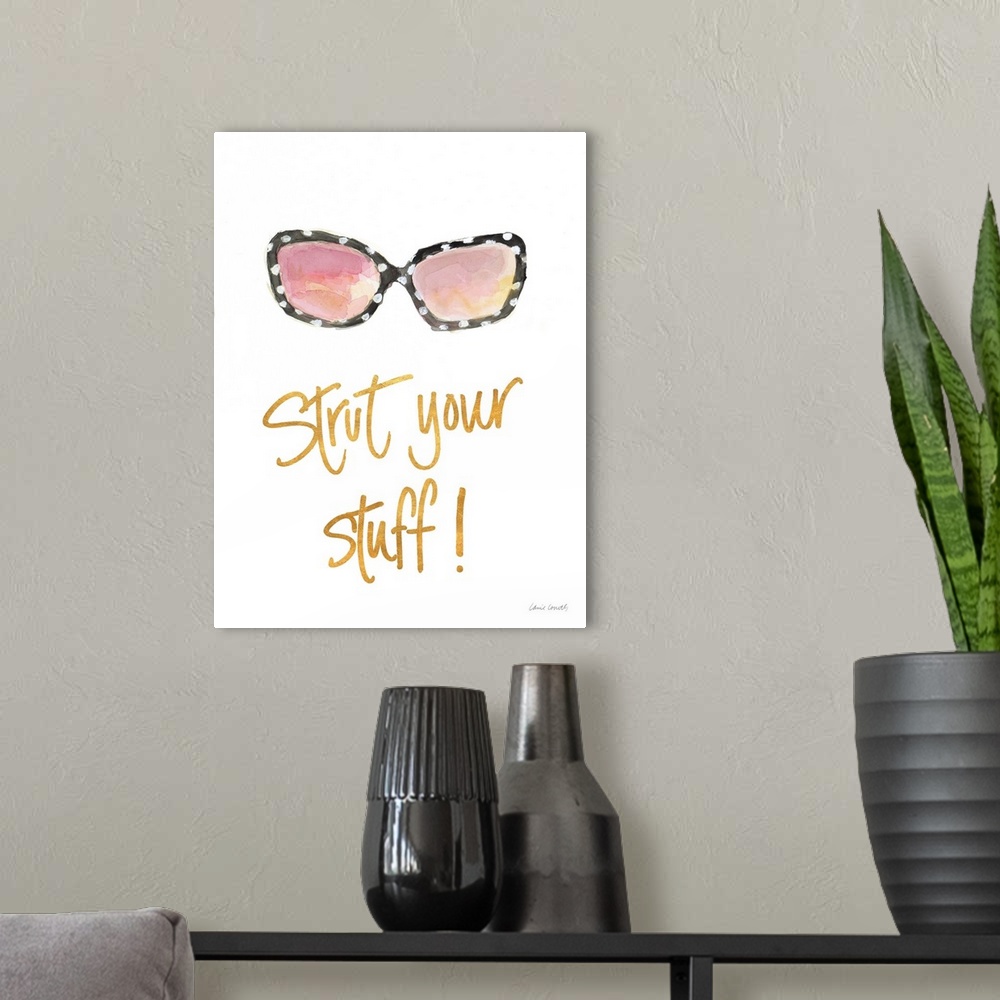 A modern room featuring Watercolor painting of a pair of black sunglasses with white polka dots and "Strut Your Stuff" wr...