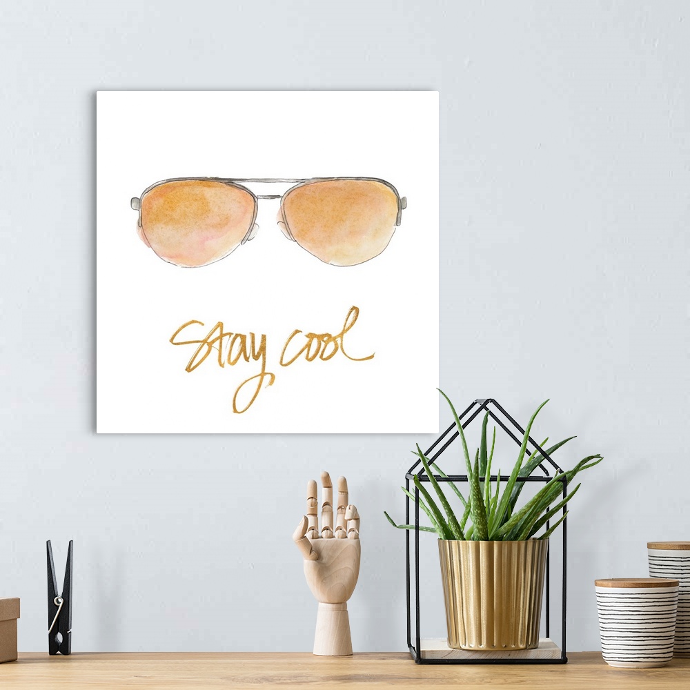 A bohemian room featuring Square watercolor painting of sunglasses with the phrase "Stay Cool" written at the bottom in met...