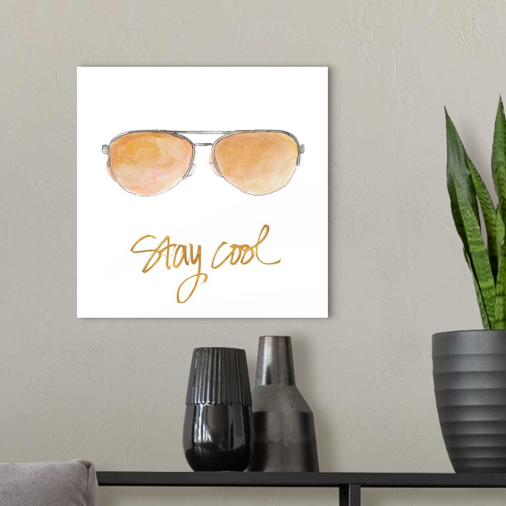A modern room featuring Square watercolor painting of sunglasses with the phrase "Stay Cool" written at the bottom in met...