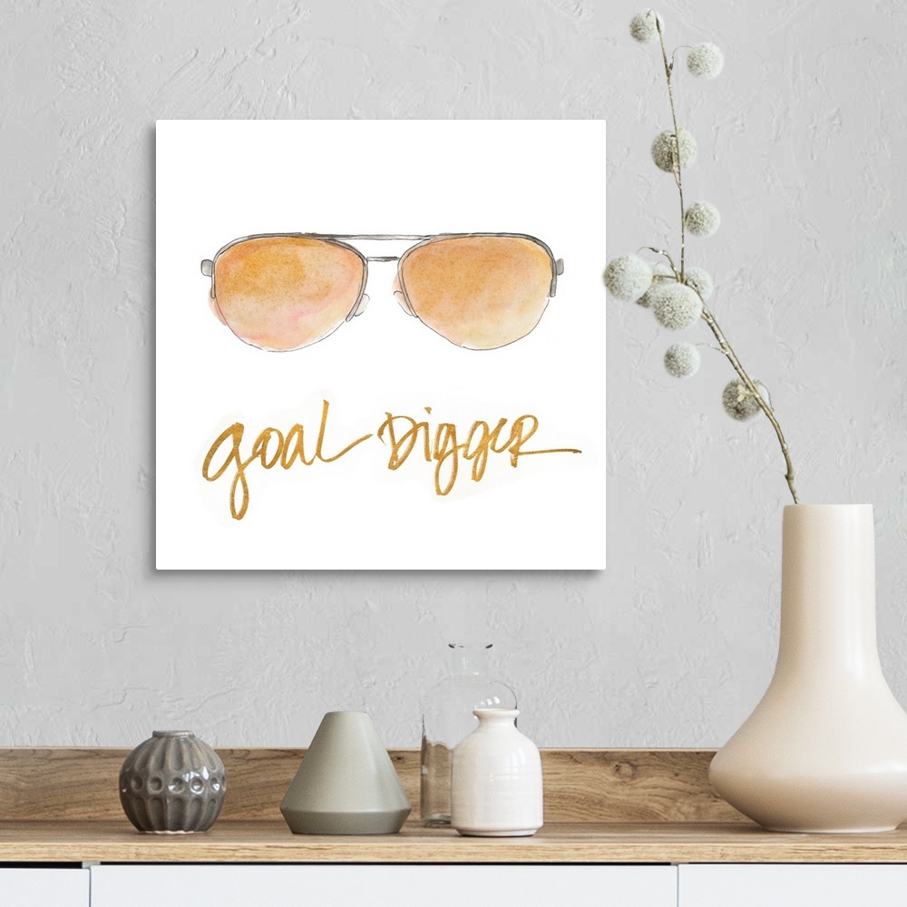 A farmhouse room featuring Square watercolor painting of sunglasses with the phrase "Goal Digger" written at the bottom in m...