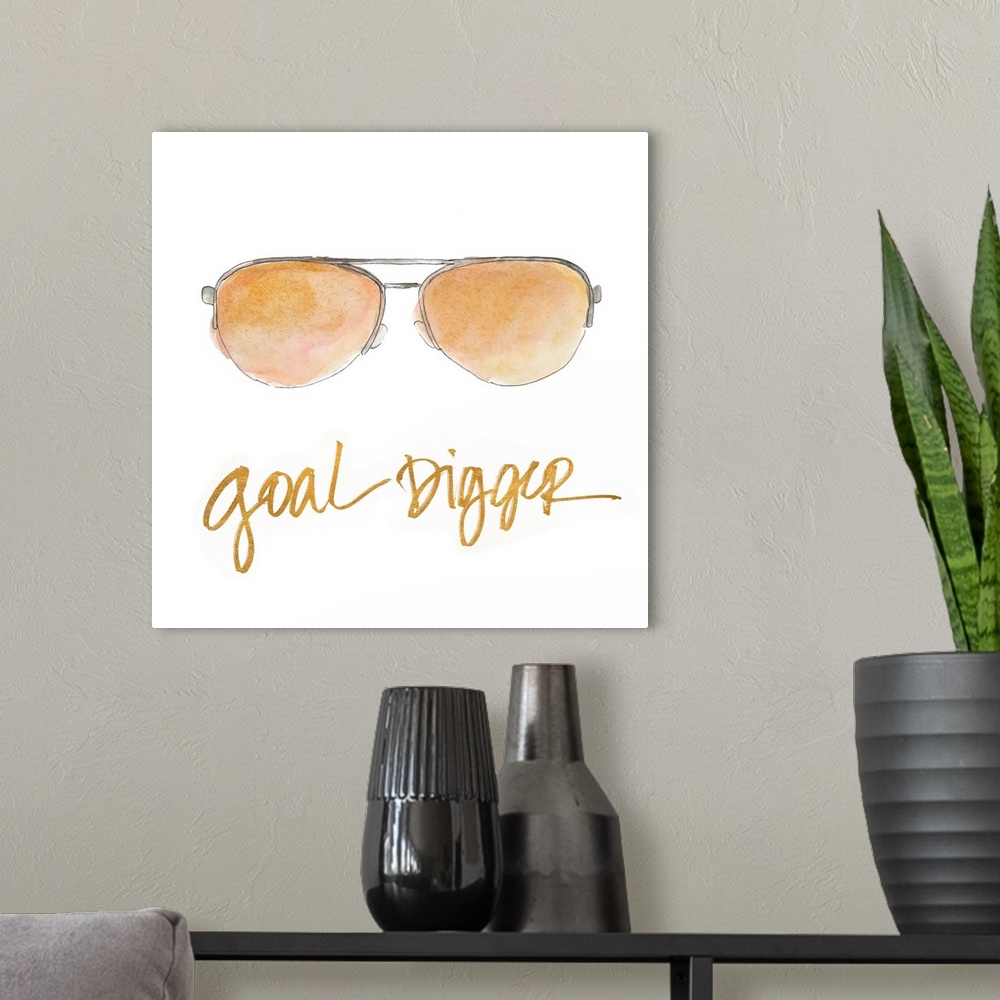 A modern room featuring Square watercolor painting of sunglasses with the phrase "Goal Digger" written at the bottom in m...