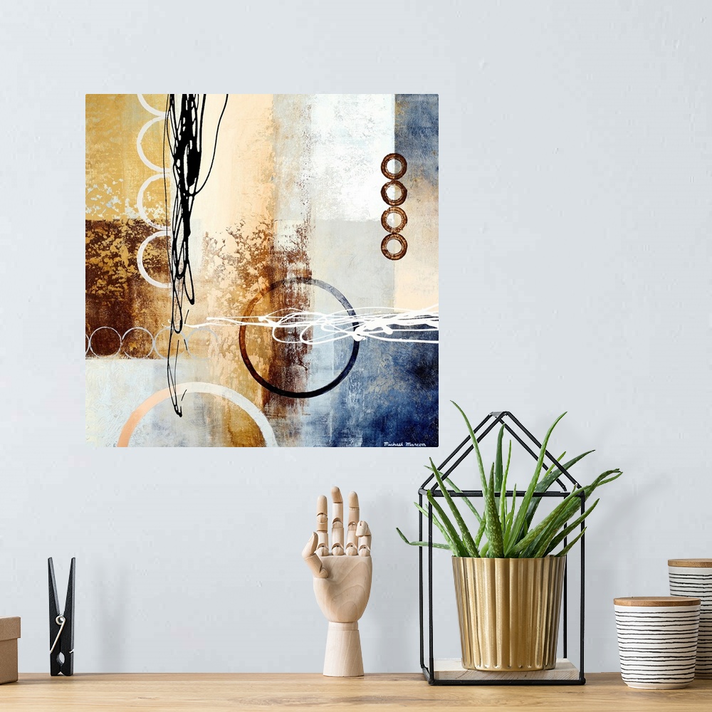 A bohemian room featuring Contemporary abstract painting of circles varying in color and size that are overlain with ink sc...