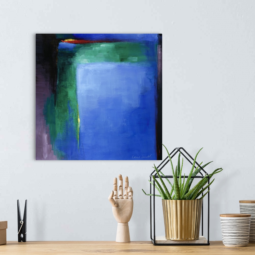A bohemian room featuring Square abstract painting by Lanie Loreth featuring large swatches of bold, cool colors.
