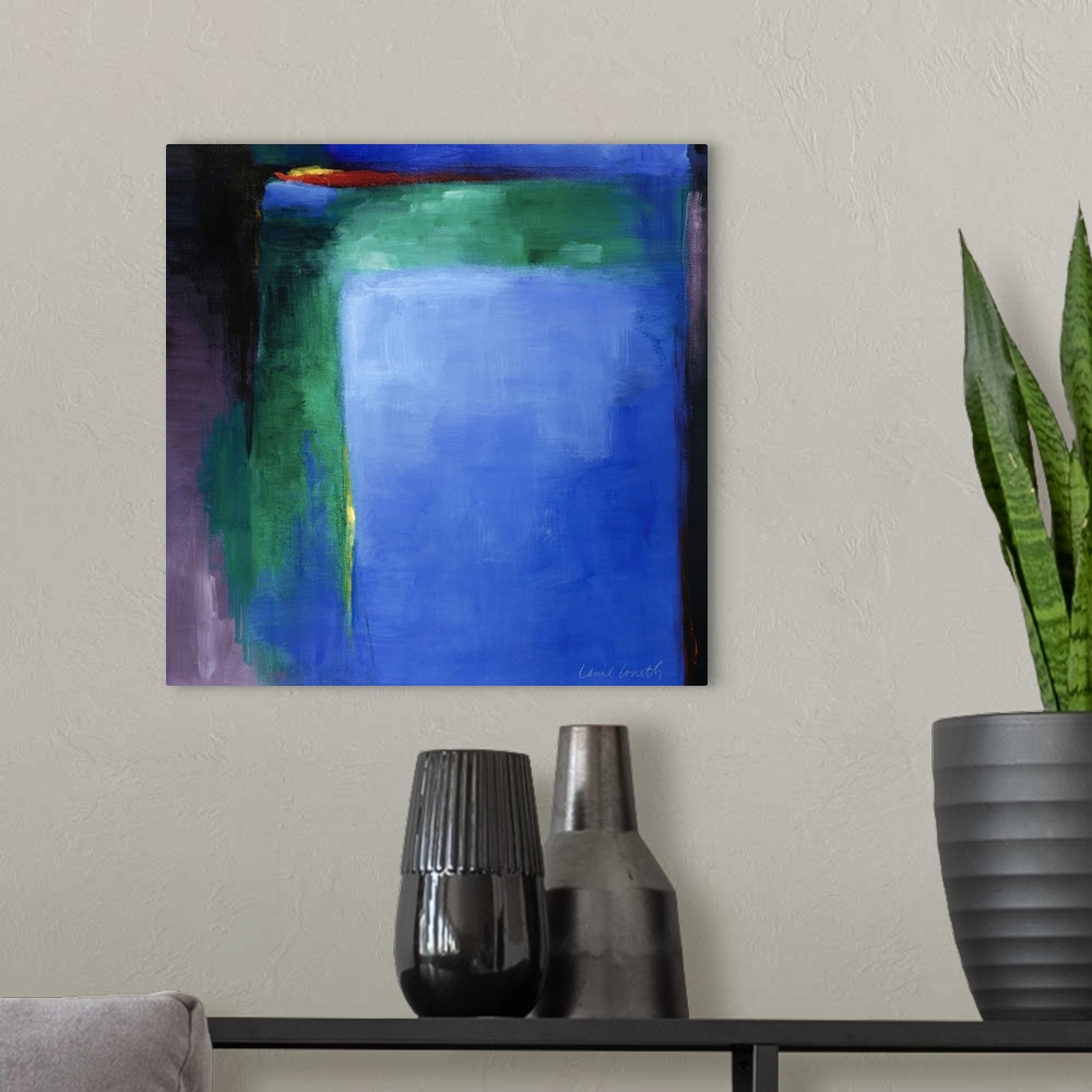 A modern room featuring Square abstract painting by Lanie Loreth featuring large swatches of bold, cool colors.