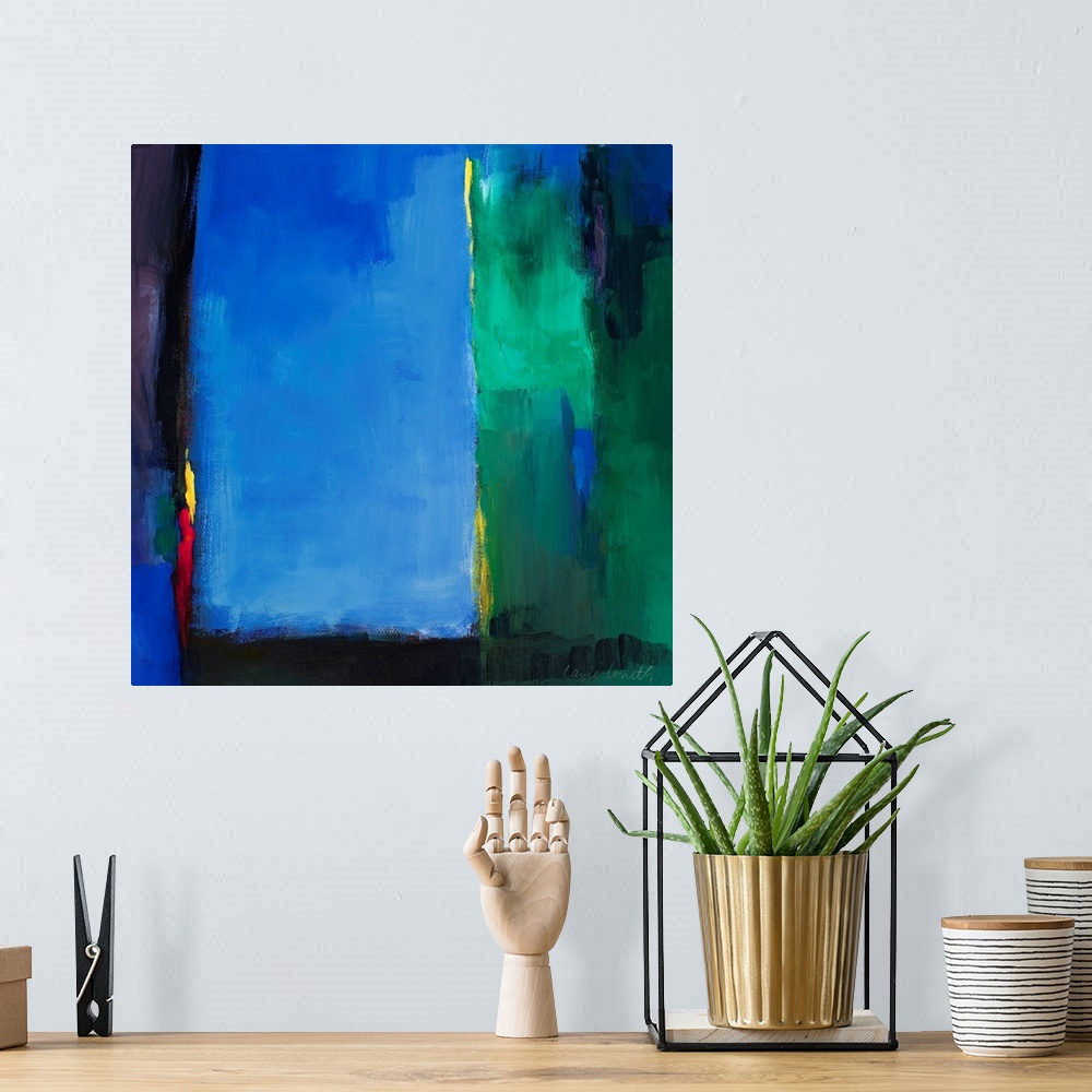 A bohemian room featuring Square abstract painting of brush strokes of various colors layered on top of each other.