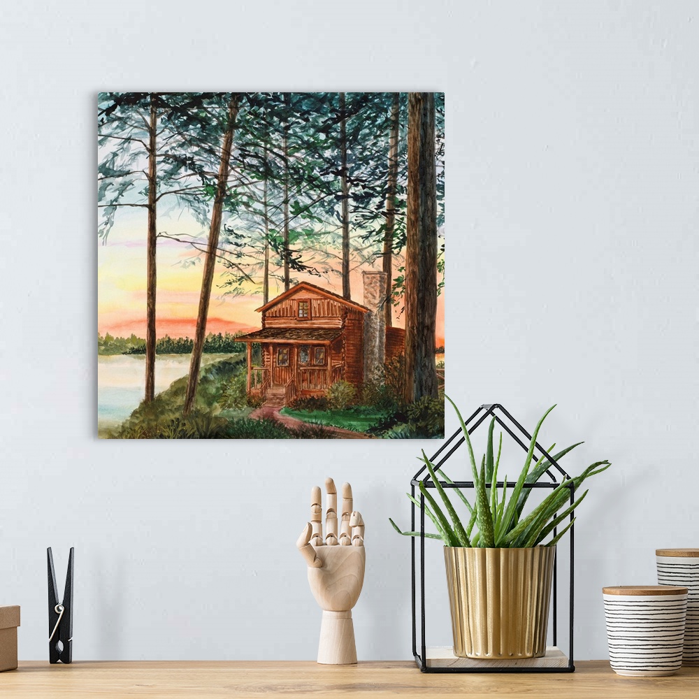A bohemian room featuring Painting of a cabin in the woods next to a lake, beneath tall trees at sunset.